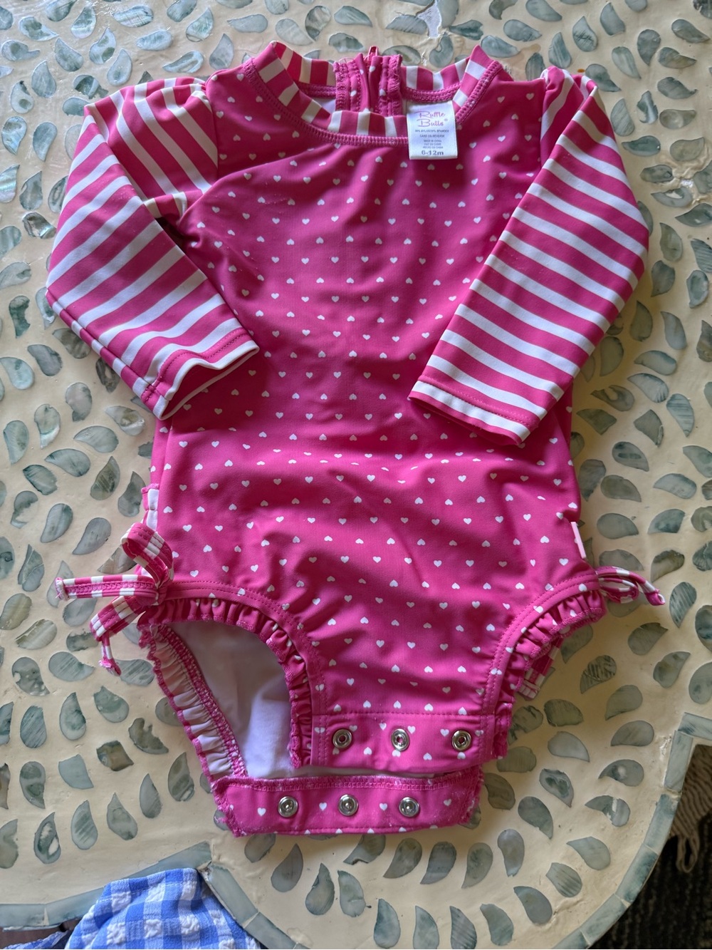Ruffle Butts Hot Pink & White Heart Stripe Long-Sleeve One-Piece Swim Suit